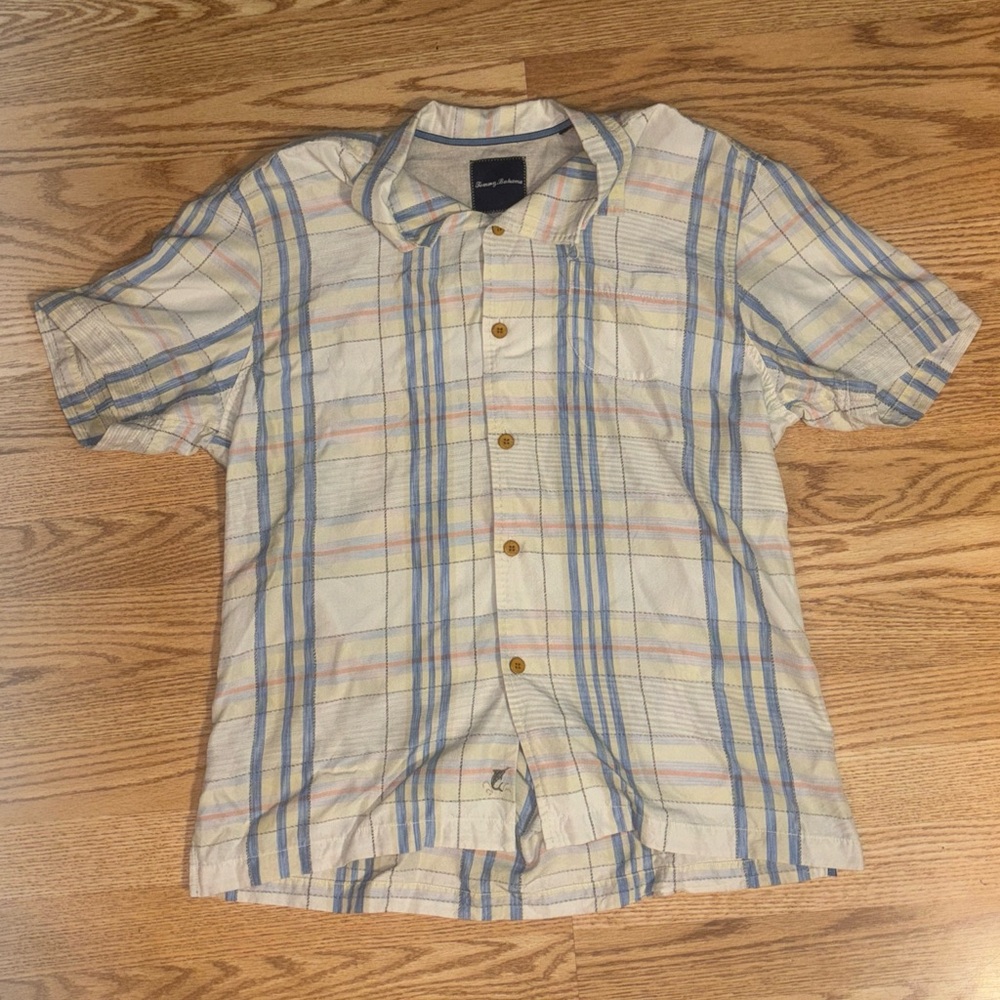 Tommy Bahama Mens Yellow White Plaid Linen Wood Button Up Shirt Hawaiian Mens M